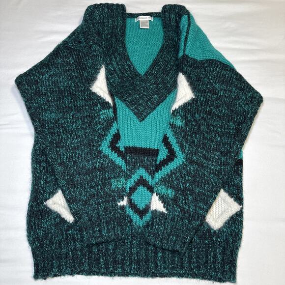 Vtg Susann D Sweater M Teal Ivory Geo Abstract Chunky Knit Wool Angora Blend EUC - Picture 10 of 13